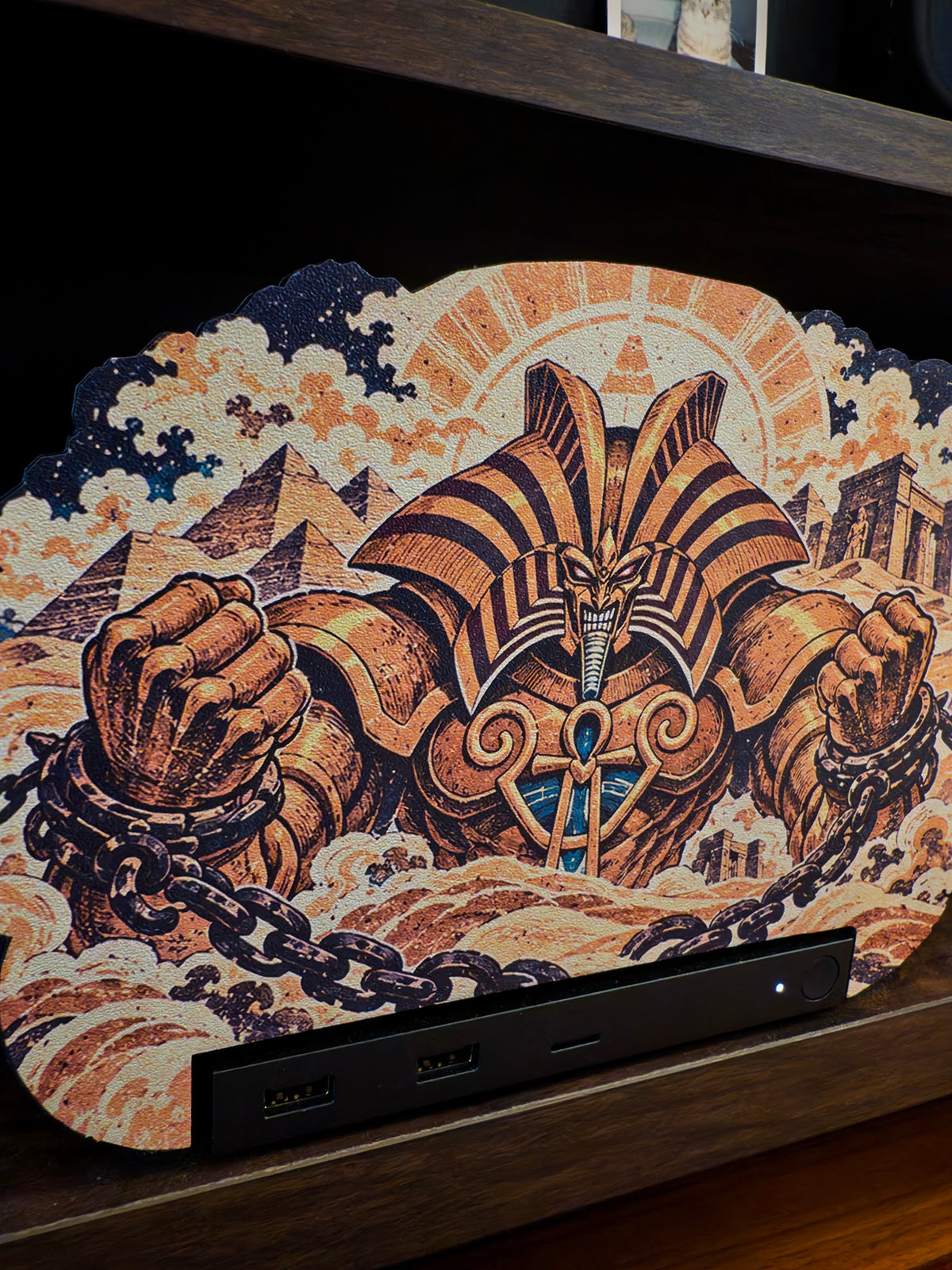 The Forbidden One oversized Steam Machine faceplate angled close view mounted on the Steam Machine