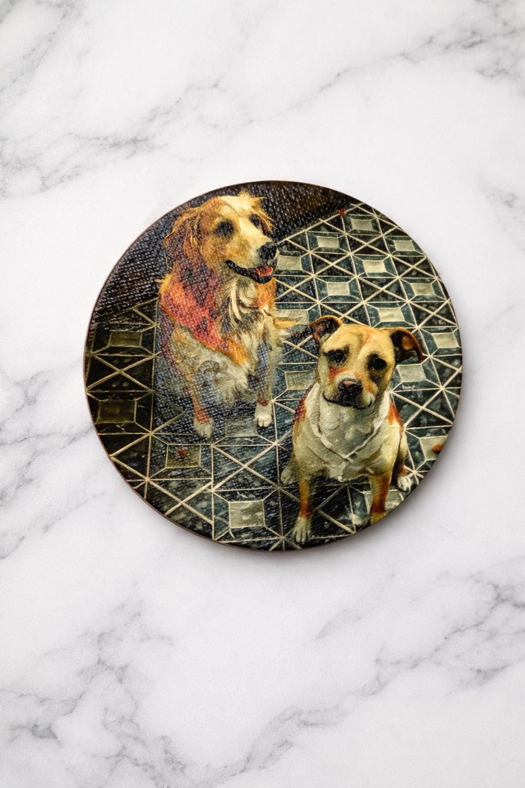 Custom Pet Portrait Magnet with a textured brushstroke portrait of two dogs on a geometric dark pattern, shown flat on a white marble surface