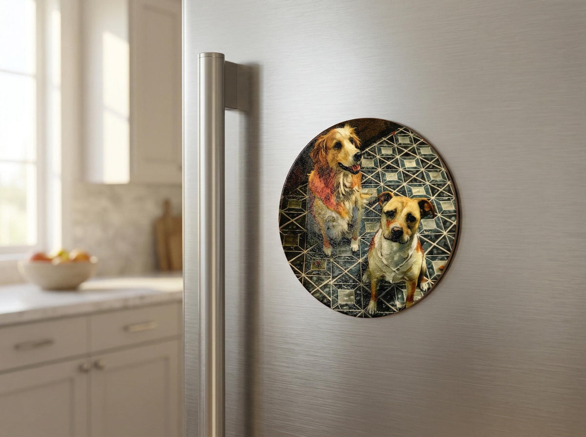 Custom Pet Portrait Magnet with a textured brushstroke portrait of two dogs on a geometric dark pattern, attached to a stainless steel refrigerator door in a bright kitchen