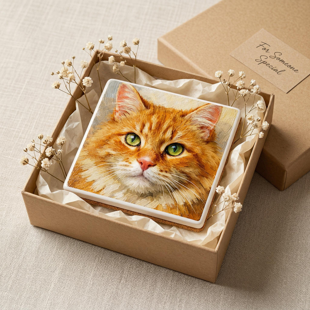 Custom Cat Photo Coaster: UV Printed Ceramic Tile (4x4) – Pet Memorial Keepsake, the orange tabby cat coaster nestled in a brown gift box with tissue paper and dried flowers, with a card reading For Someone Special in the background
