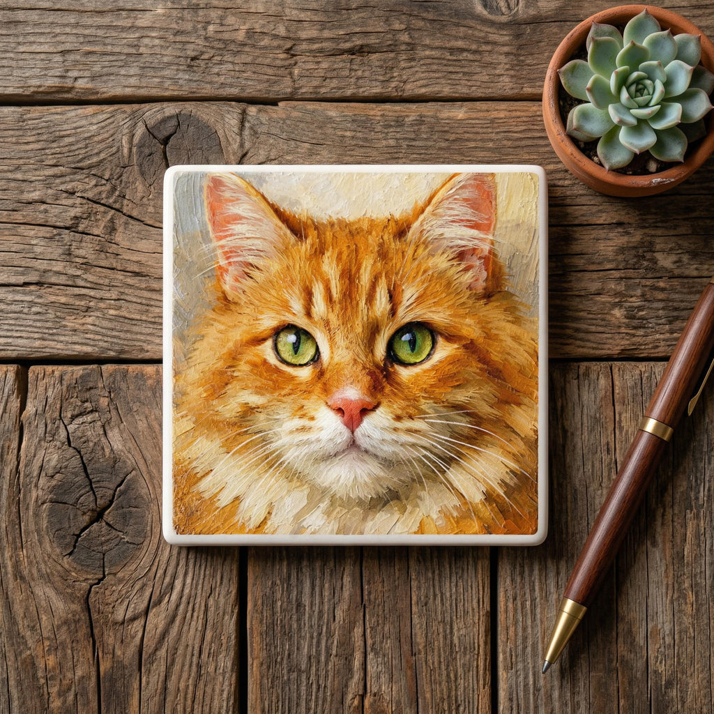 Custom Cat Photo Coaster: UV Printed Ceramic Tile (4x4) – Pet Memorial Keepsake, flat lay of the orange tabby cat coaster on a rustic dark wood tabletop beside a small potted succulent and a pen