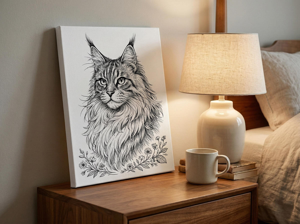 Maine coon cat portrait canvas wall art minimalist line print 12x16 cat lover gift for pet owner home decor unique pet portrait art for her, canvas with black and white maine coon line art and floral accents, leaning on a wooden nightstand beside a lit table lamp and a ceramic mug in a cozy bedroom