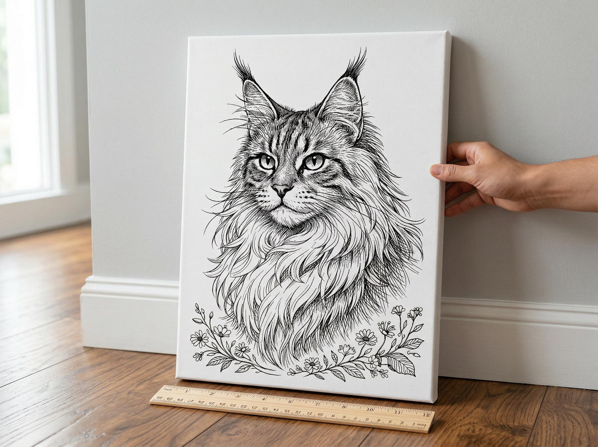 Maine coon cat portrait canvas wall art minimalist line print 12x16 cat lover gift for pet owner home decor unique pet portrait art for her, canvas leaning against a wall on a wooden floor with a hand holding its edge and a ruler placed in front showing its size