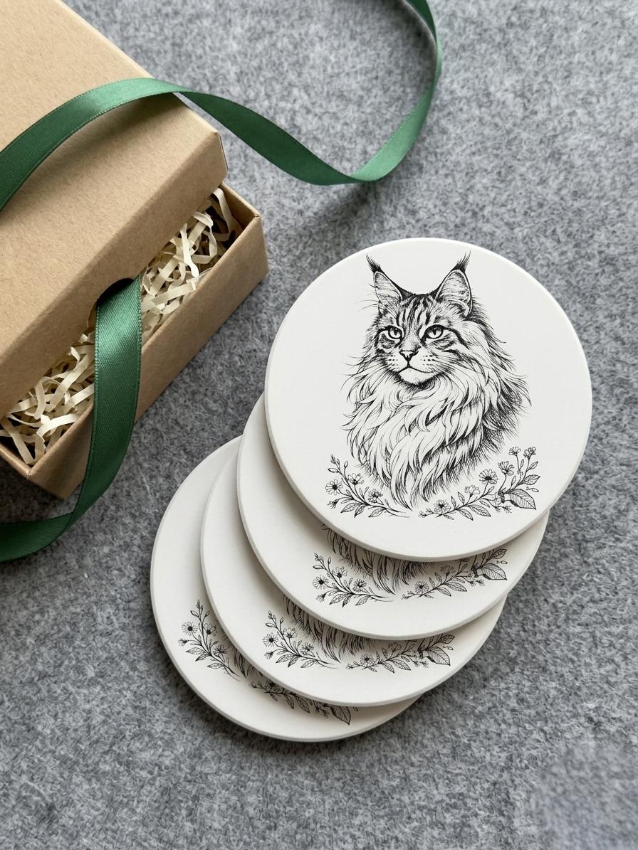 maine coon cat line art ceramic coaster cat lover gift idea pet portrait drink coaster housewarming gift cat mom home decor kitchen barware, set of four coasters stacked on a gray surface next to a kraft gift box with shredded paper and a green ribbon