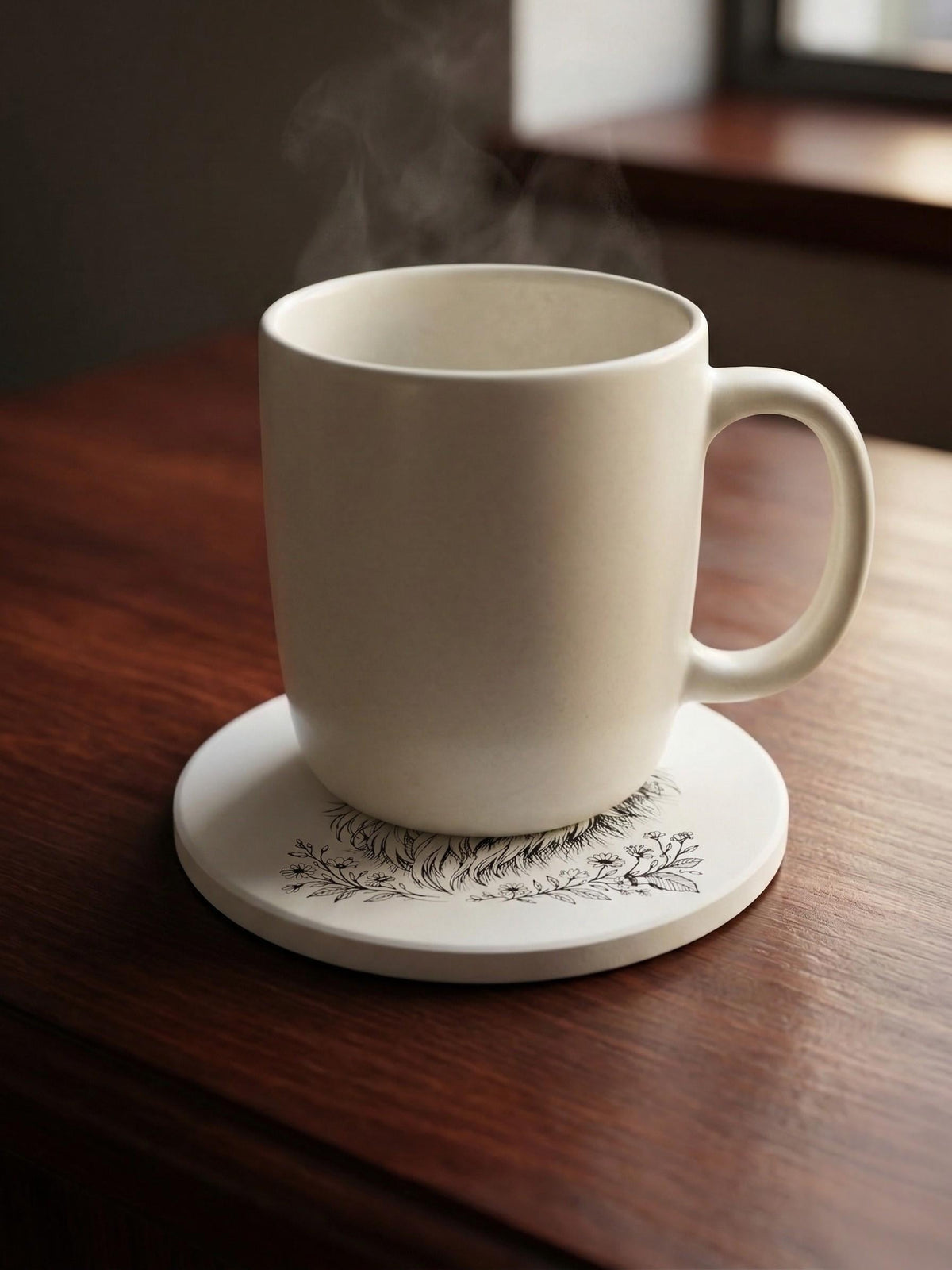 maine coon cat line art ceramic coaster cat lover gift idea pet portrait drink coaster housewarming gift cat mom home decor kitchen barware, with a steaming white mug resting on it on a dark wooden table by a window, the botanical accents visible beneath the mug