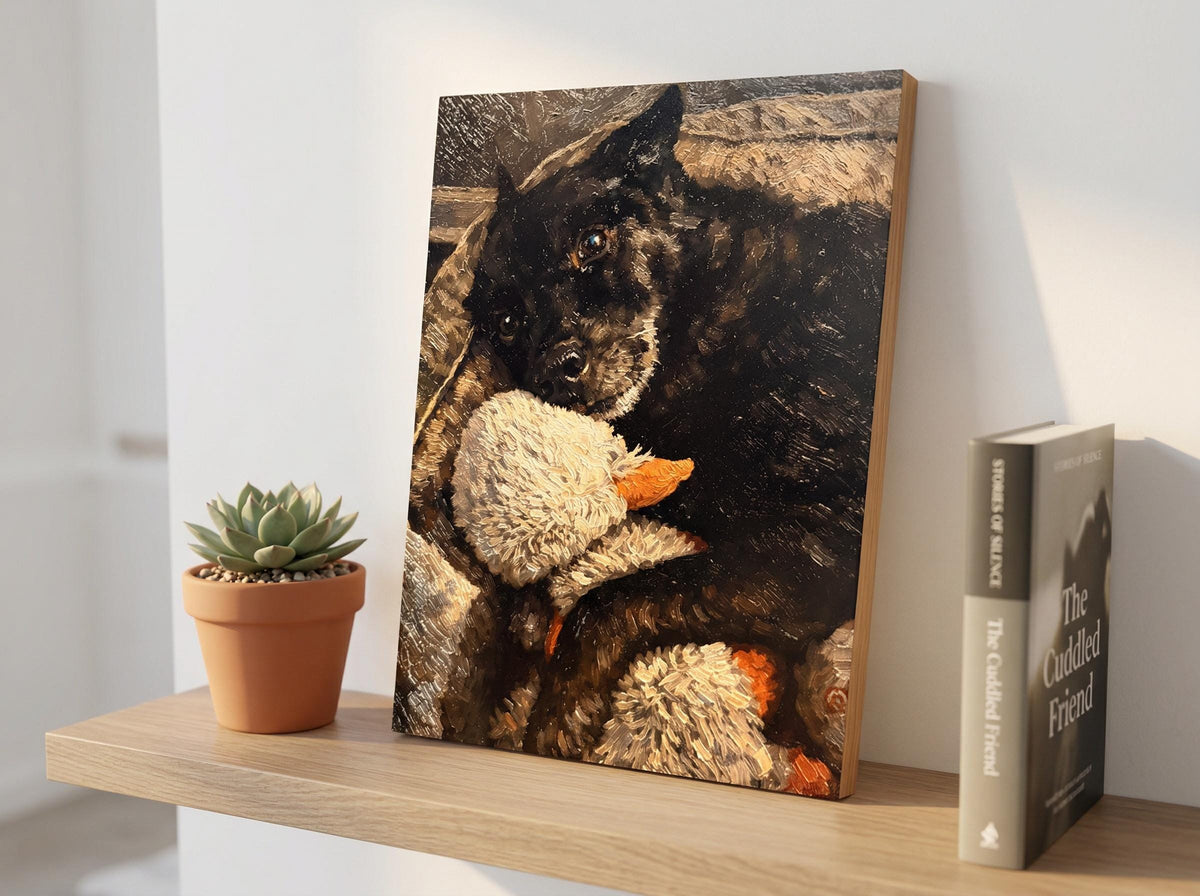 Custom Pet Portrait on Wood from Photo Textured Impasto Dog Painting 12x16, impasto wood portrait of a black dog with a stuffed duck leaning on a light wooden shelf against a white wall, between a potted succulent and a book titled The Cuddled Friend