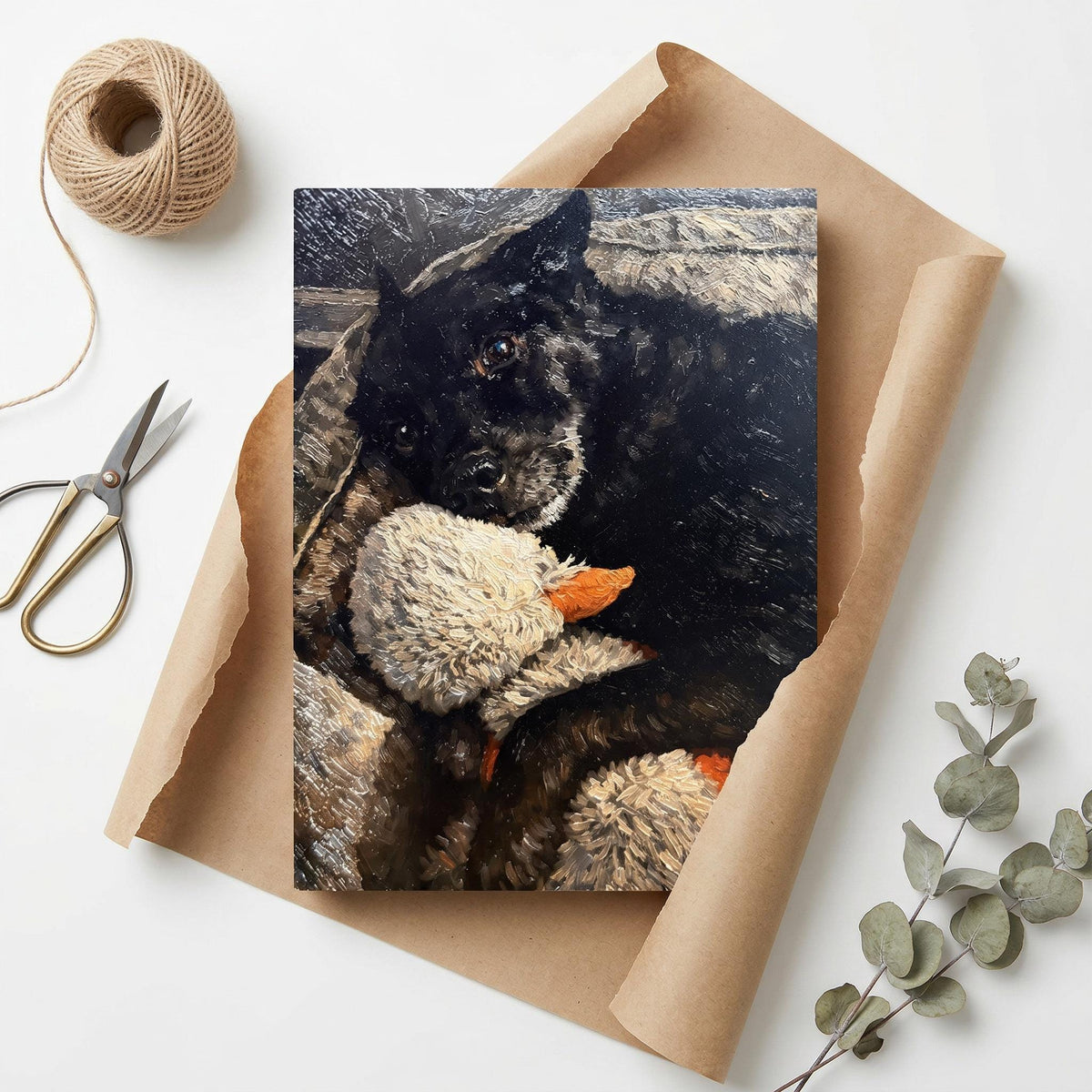 Custom Pet Portrait on Wood from Photo Textured Impasto Dog Painting 12x16, flat lay of the impasto wood portrait of a black dog with a stuffed duck on brown kraft paper, styled with a ball of twine, scissors and eucalyptus sprigs on a white background