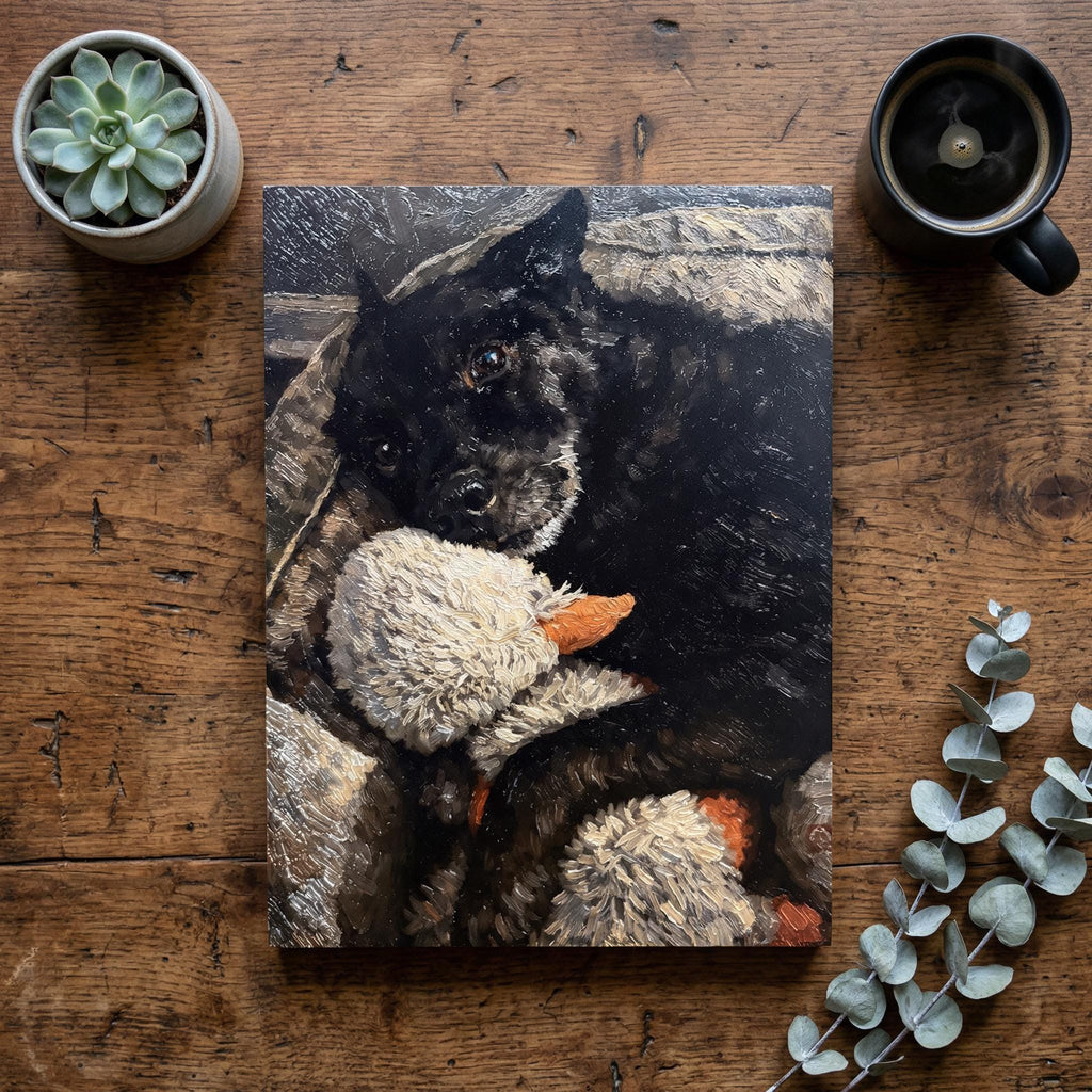 Custom Pet Portrait on Wood from Photo Textured Impasto Dog Painting 12x16, flat lay of the impasto portrait of a black dog hugging a stuffed duck, lying on a rustic wooden table beside a potted succulent, a black coffee mug and eucalyptus sprigs