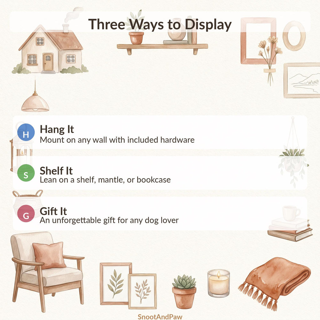 Custom Pet Portrait on Wood from Photo Textured Impasto Dog Painting 12x16, infographic reading Three Ways to Display, showing three options, Hang It, Shelf It and Gift It, with watercolor-style home decor illustrations of a chair, frames, plant, candle and throw blanket
