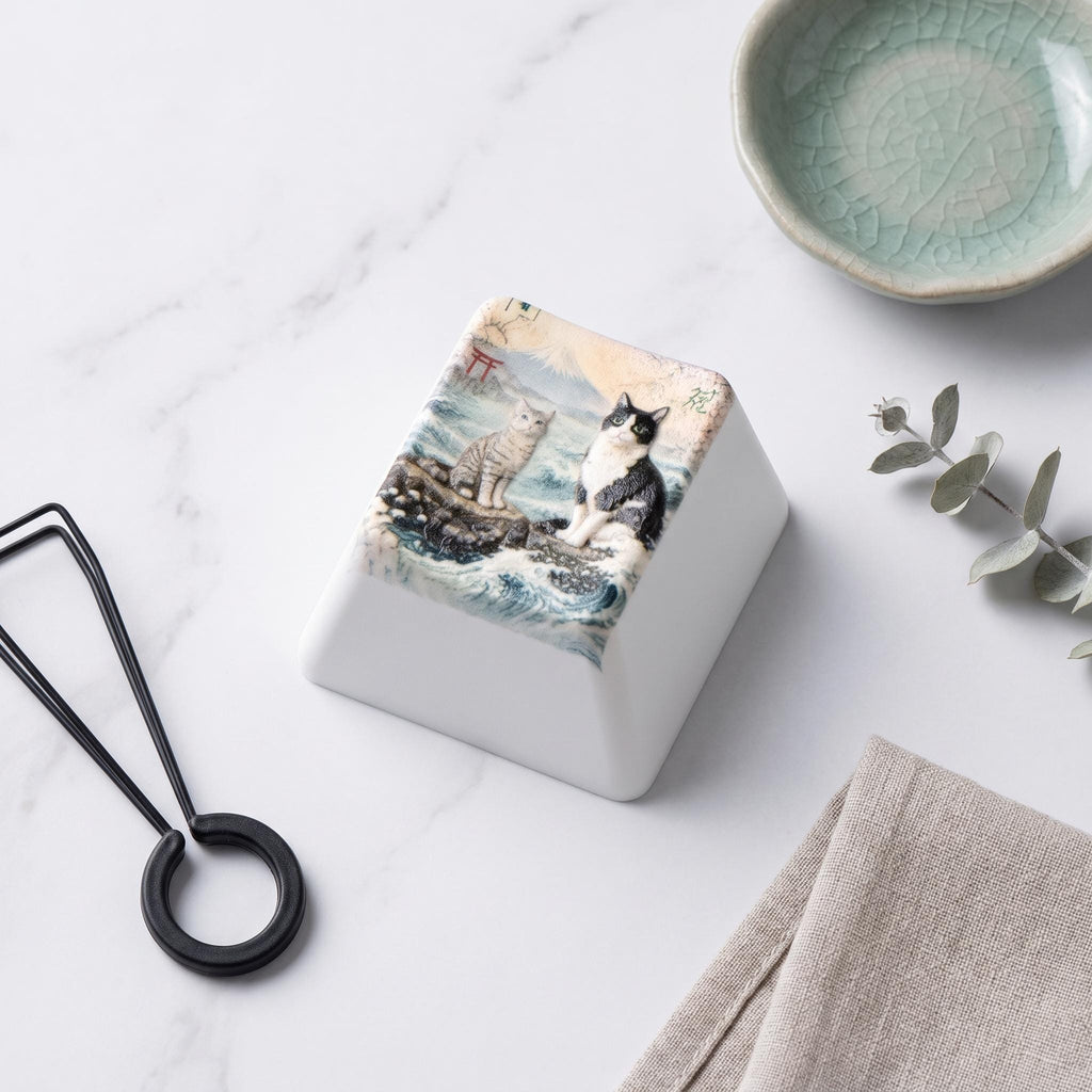 Custom Pet Photo ESC Keycap, Cherry MX Compatible, Dog Cat Memorial Keyboard Accessory with the painted two-cats illustration, styled flat lay on white marble beside a keycap puller, a green ceramic bowl and a eucalyptus sprig