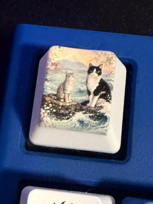 Custom Pet Photo ESC Keycap, Cherry MX Compatible, Dog Cat Memorial Keyboard Accessory with a painted illustration of two cats on rocks by the water, close-up of the keycap set in a blue keyboard