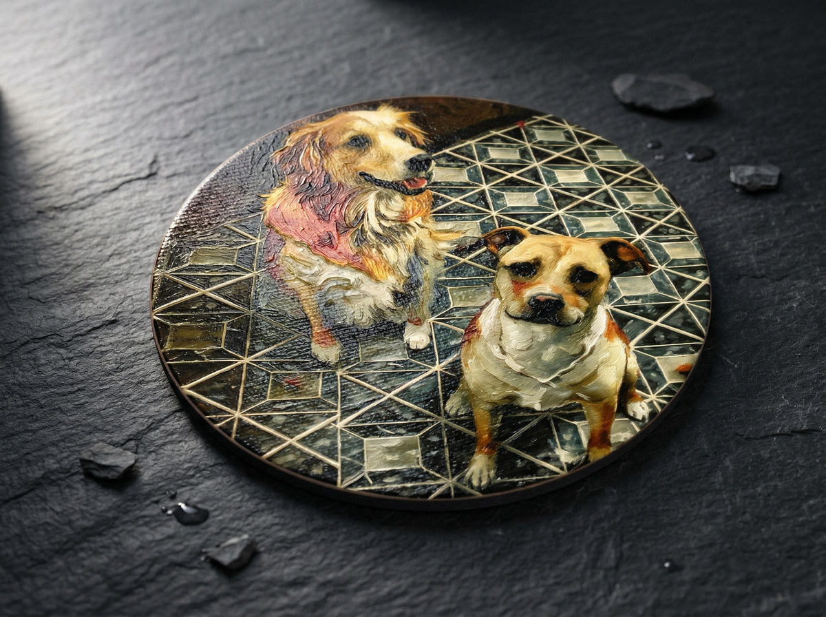Custom Pet Portrait Magnet with a textured brushstroke portrait of two dogs on a geometric dark pattern, angled view on a dark slate surface with water droplets