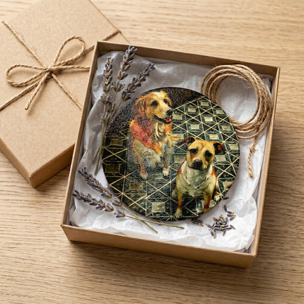 Custom Pet Portrait Magnet with a textured brushstroke portrait of two dogs, presented in a kraft gift box with tissue paper and lavender sprigs beside a twine-wrapped gift
