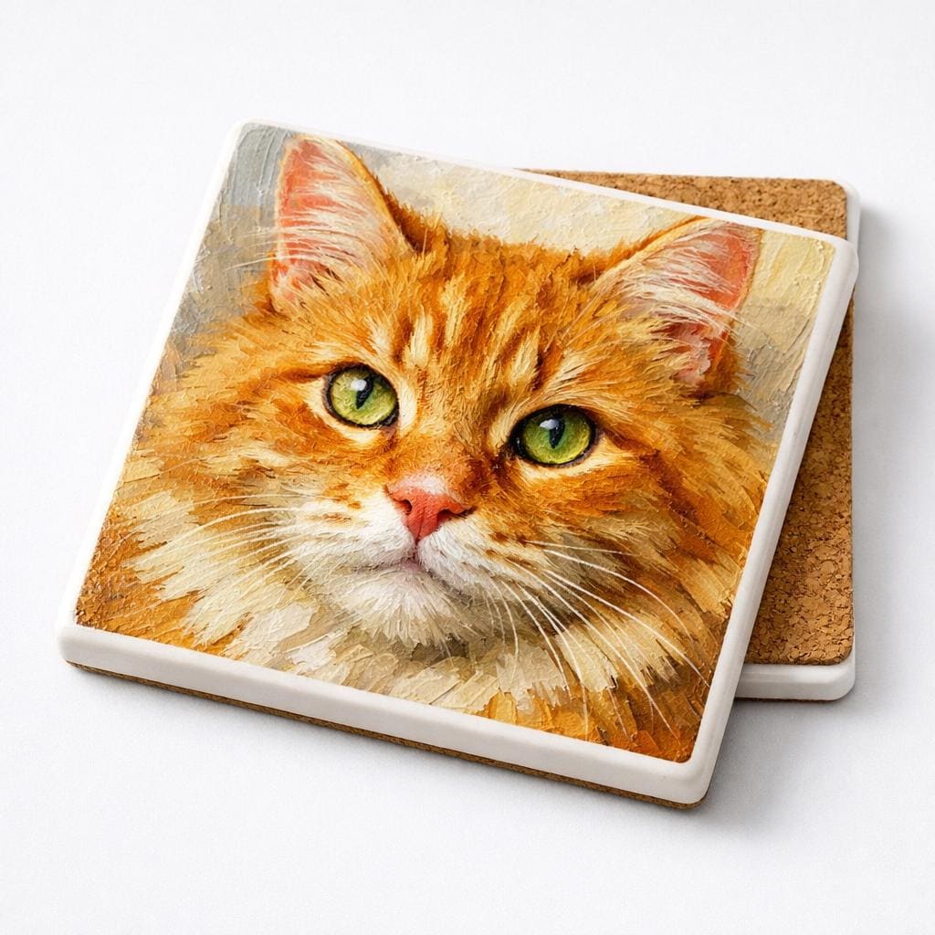 Custom Cat Photo Coaster: UV Printed Ceramic Tile (4x4) – Pet Memorial Keepsake, square ceramic tile coaster with a painted portrait of an orange tabby cat with green eyes, stacked on a second tile showing its cork backing, on a white background