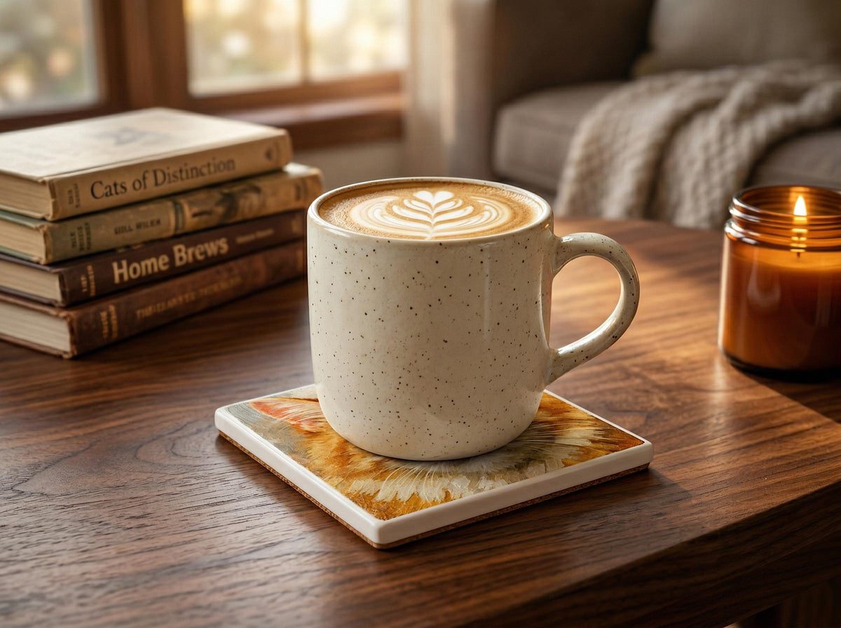 Custom Cat Photo Coaster: UV Printed Ceramic Tile (4x4) – Pet Memorial Keepsake, lifestyle photo of a ceramic coffee mug with latte art sitting on the orange tabby cat coaster on a wooden table, with stacked books and a lit candle nearby