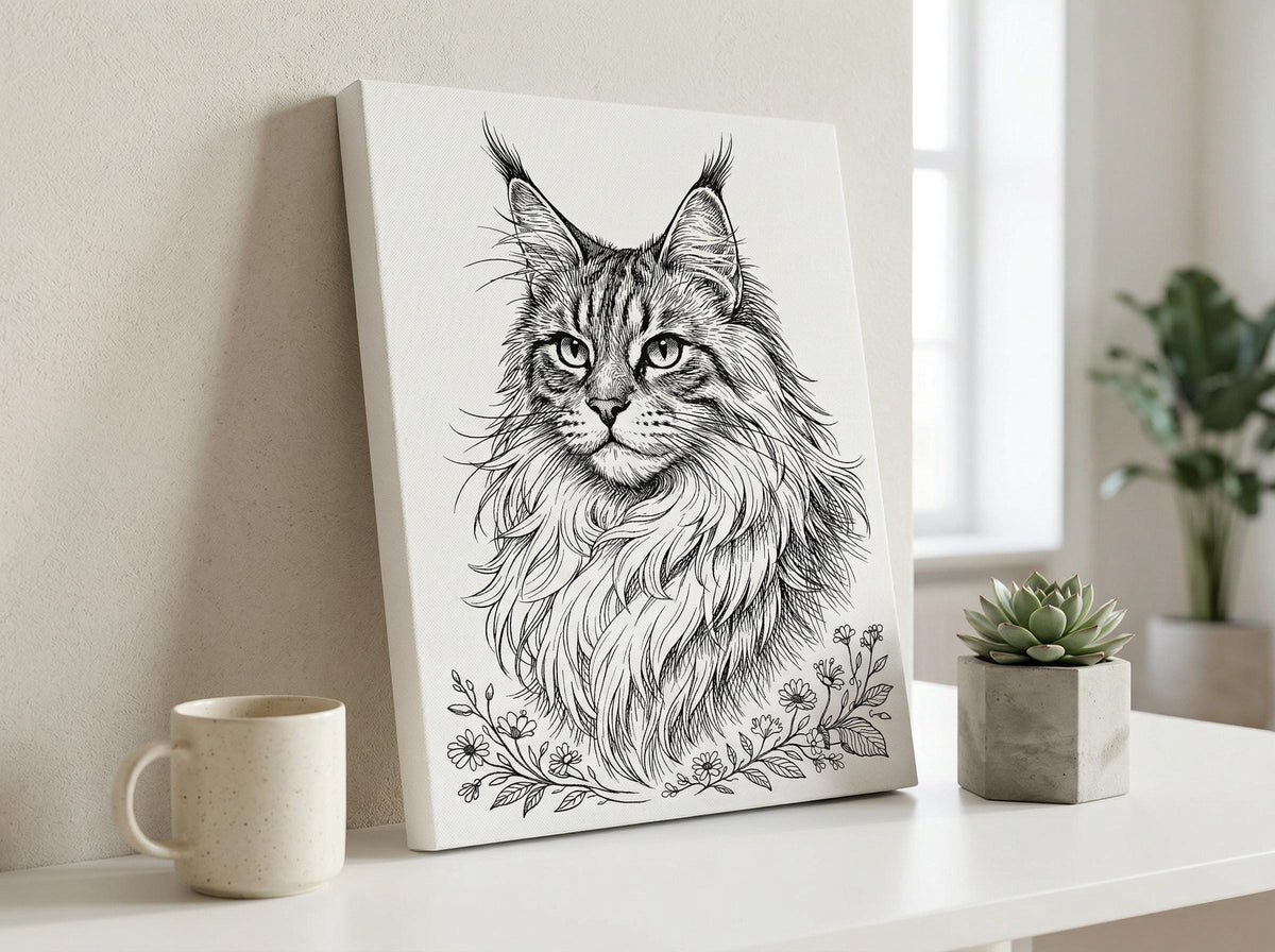 Maine coon cat portrait canvas wall art minimalist line print 12x16 cat lover gift for pet owner home decor unique pet portrait art for her, canvas with black and white line art of a maine coon cat with floral accents, leaning on a white shelf beside a ceramic mug and a potted succulent in a bright room