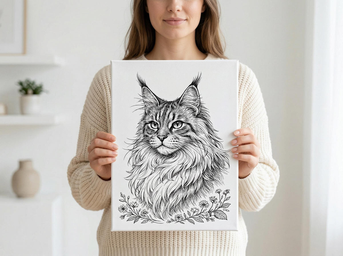 Maine coon cat portrait canvas wall art minimalist line print 12x16 cat lover gift for pet owner home decor unique pet portrait art for her, canvas held up by a woman in a cream knit sweater in a bright modern room, showing the black and white maine coon line art with floral details