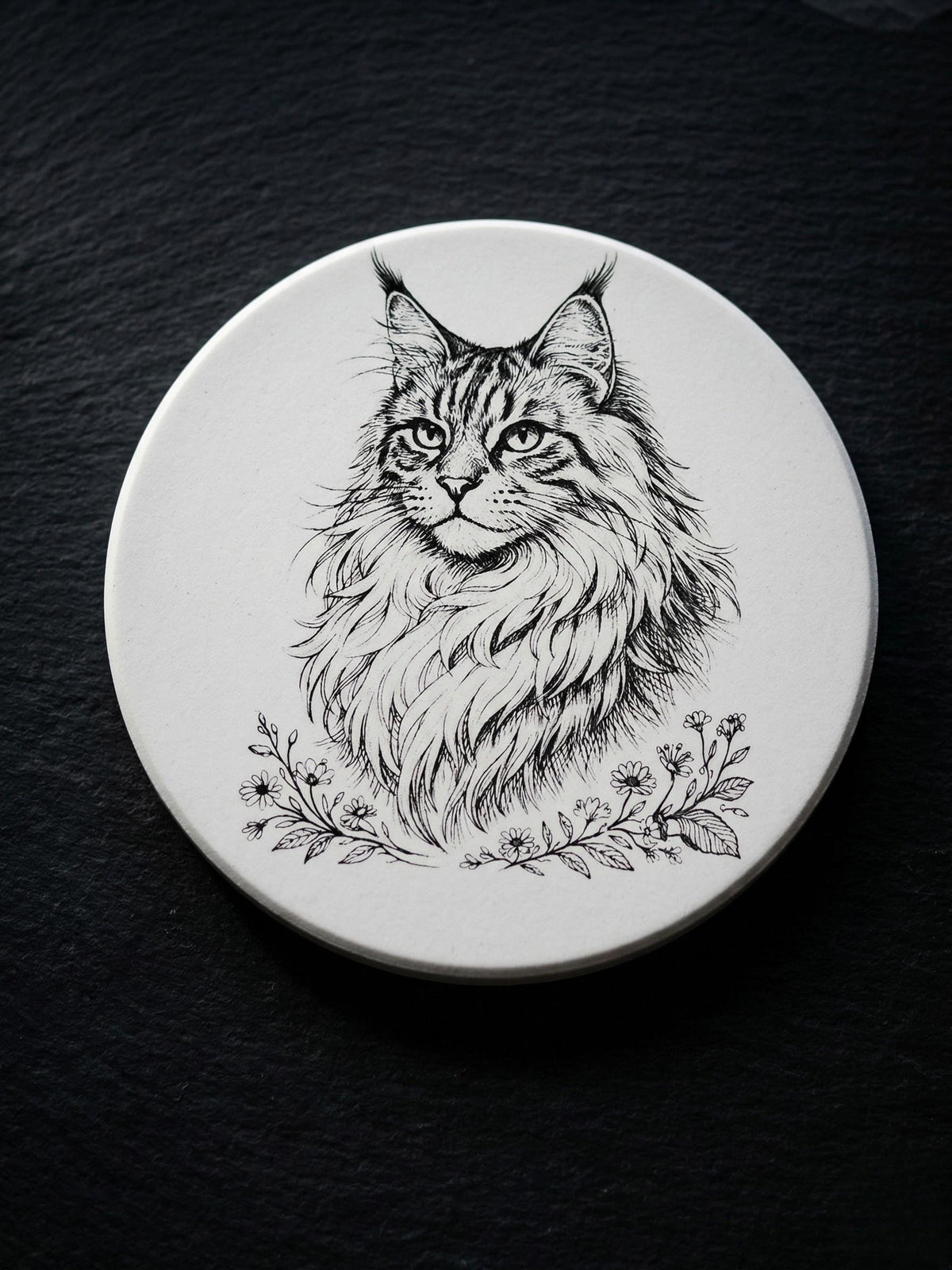 maine coon cat line art ceramic coaster cat lover gift idea pet portrait drink coaster housewarming gift cat mom home decor kitchen barware with a detailed black ink maine coon portrait and botanical floral accents on a round white tile, shown on a dark slate surface