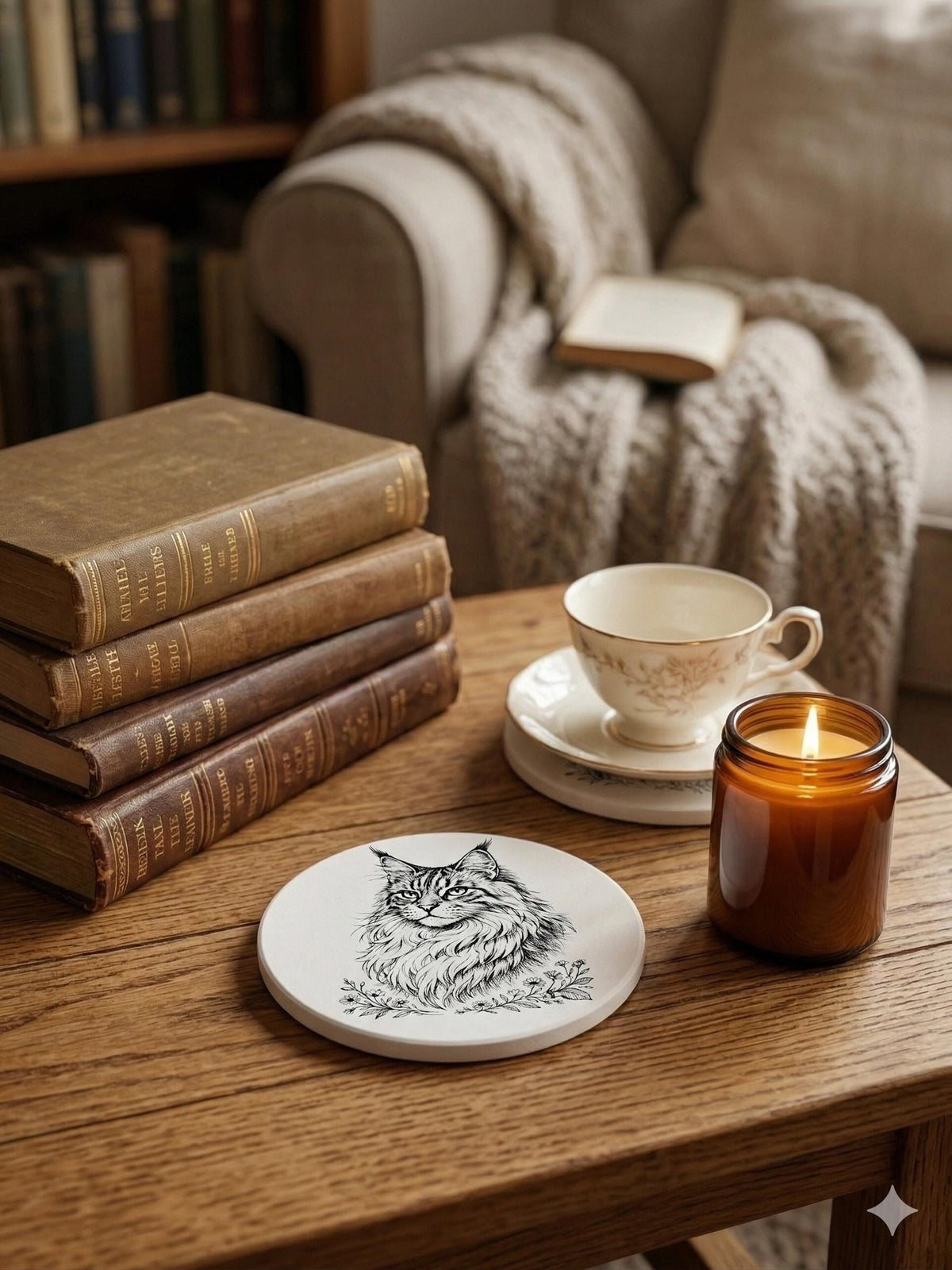 maine coon cat line art ceramic coaster cat lover gift idea pet portrait drink coaster housewarming gift cat mom home decor kitchen barware, styled on a wooden side table next to a lit amber candle, a vintage teacup on a coaster and a stack of old books with a cozy armchair behind