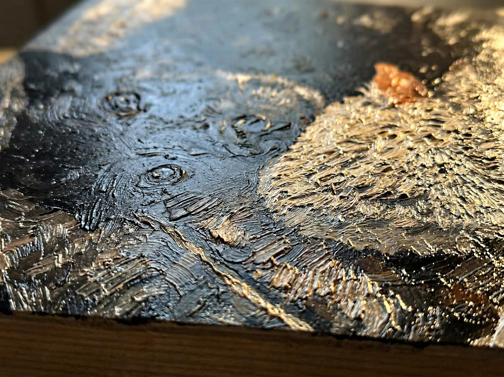 Custom Pet Portrait on Wood from Photo Textured Impasto Dog Painting 12x16, close-up of the raised impasto brushstroke texture on the wood portrait panel, showing thick paint strokes in black, gray, cream and gold tones