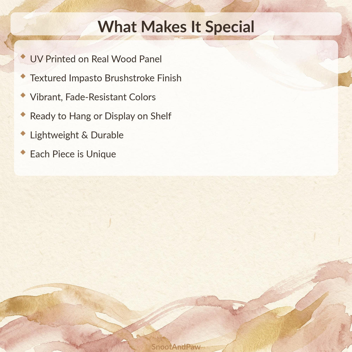 Tuscany Hill Town Textured Painting Print What Makes It Special graphic listing features such as UV printing on real wood, textured impasto brushstroke finish, and vibrant fade-resistant colors