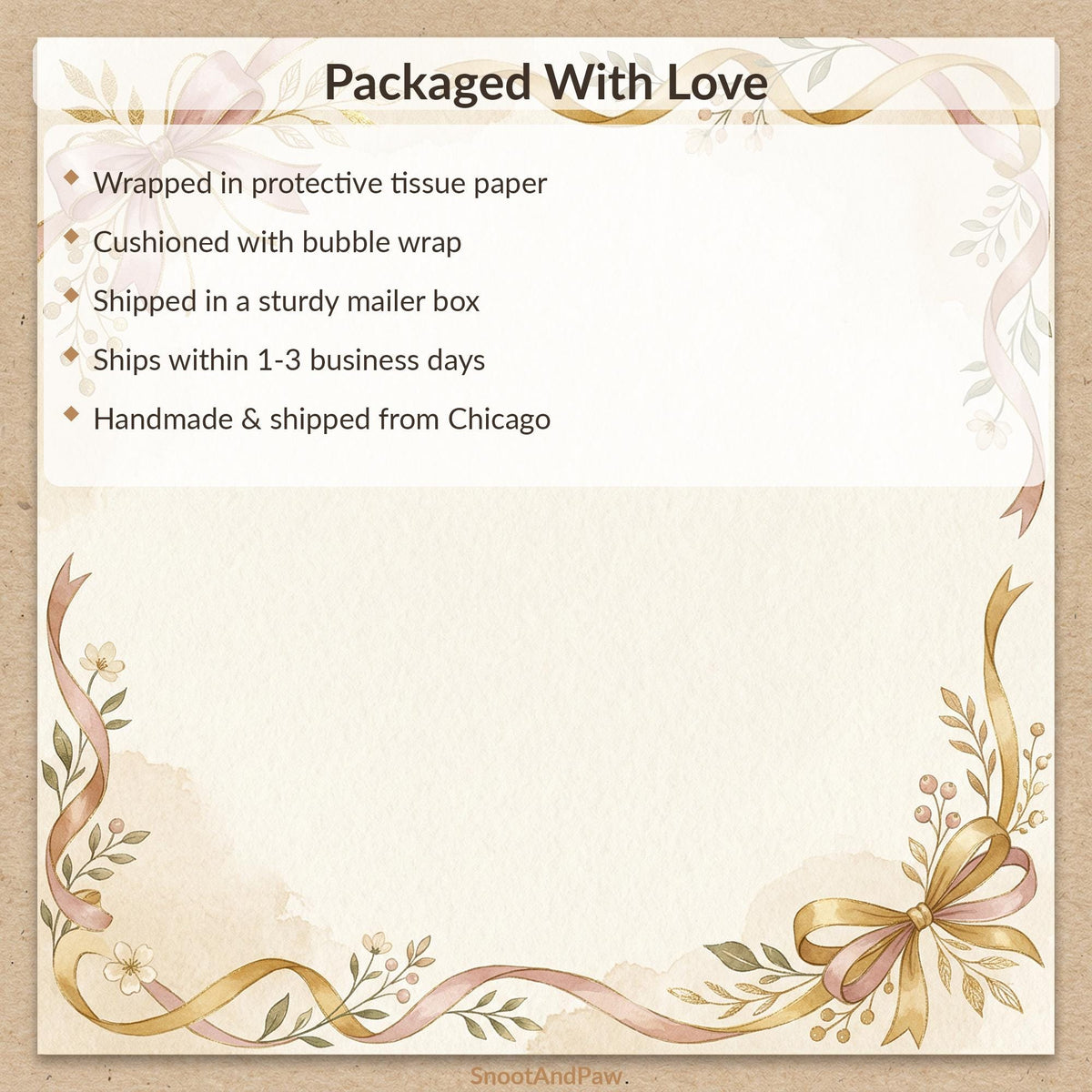 Custom Pet Portrait on Wood from Photo Textured Impasto Dog Painting 12x16, promotional graphic reading Packaged With Love, describing protective tissue paper wrapping, bubble wrap cushioning, a sturdy mailer box, 1 to 3 business day shipping and handmade in Chicago, decorated with watercolor floral and ribbon illustrations on kraft paper