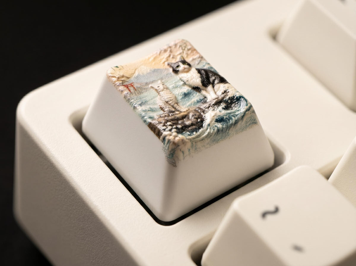 Custom Pet Photo ESC Keycap, Cherry MX Compatible, Dog Cat Memorial Keyboard Accessory with the painted two-cats beach illustration on the keycap top, angled close-up set in a cream-colored keyboard