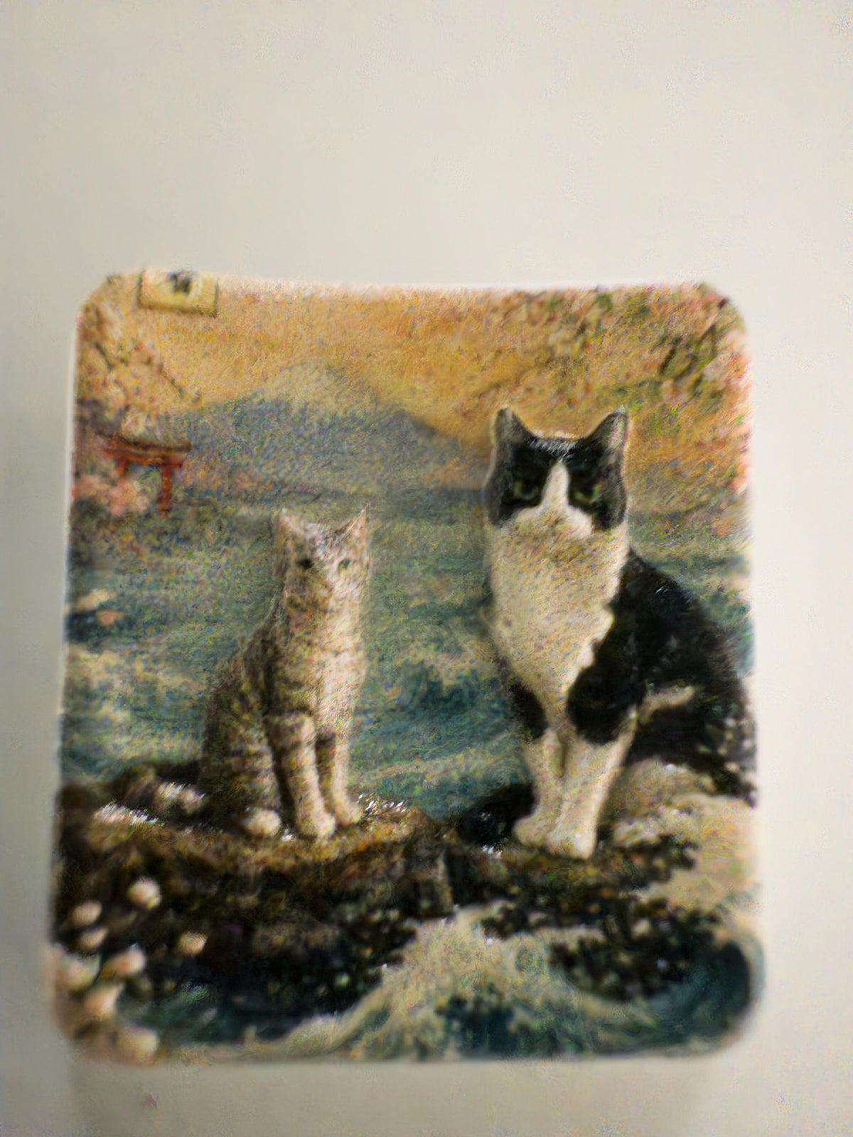 Custom Pet Photo ESC Keycap, Cherry MX Compatible, Dog Cat Memorial Keyboard Accessory with the painted two-cats illustration, close-up of the printed top showing a tabby and a black-and-white cat on rocks by the water