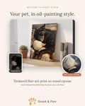 Custom Pet Portrait on Wood from Photo Textured Impasto Dog Painting 12x16, promotional graphic reading Your pet, in oil-painting style, showing a framed impasto portrait of a black dog holding a stuffed duck on a shelf, with Your Photo and Real Raised Texture insets
