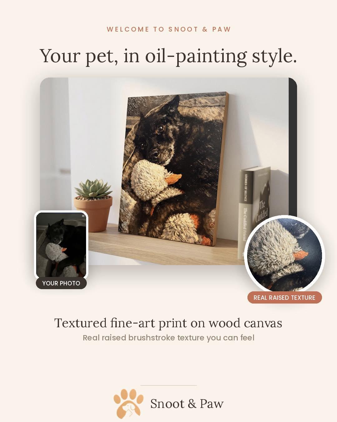 Custom Pet Portrait on Wood from Photo Textured Impasto Dog Painting 12x16, promotional graphic reading Your pet, in oil-painting style, showing a framed impasto portrait of a black dog holding a stuffed duck on a shelf, with Your Photo and Real Raised Texture insets