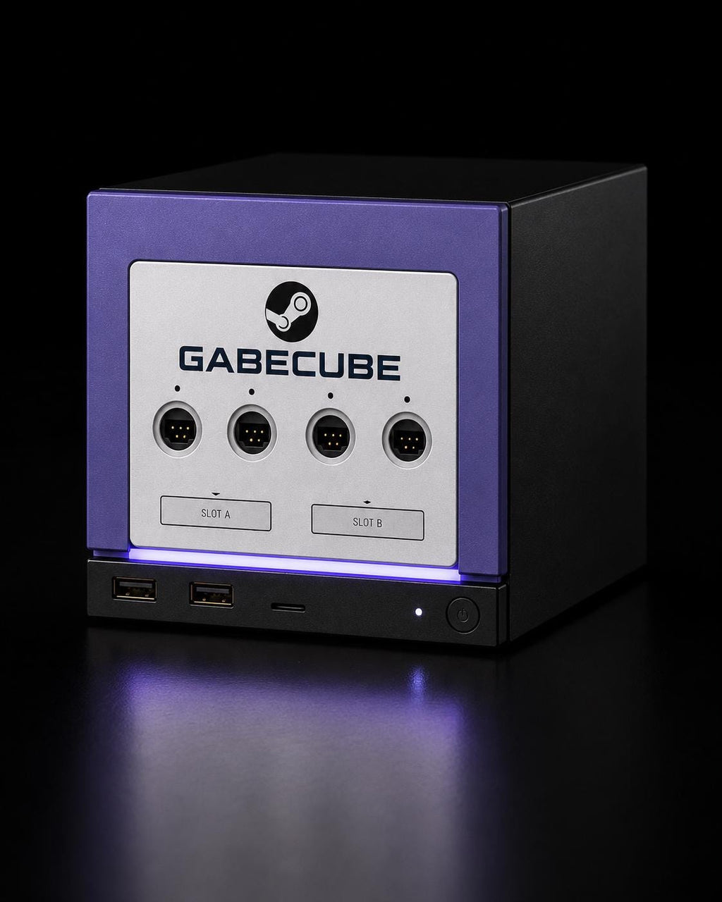 3D Printed GameCube Faceplate – Indigo Purple Steam Machine Controller Panel, studio shot of the GabeCube indigo purple faceplate installed on the console on a black reflective surface with a glowing purple LED strip