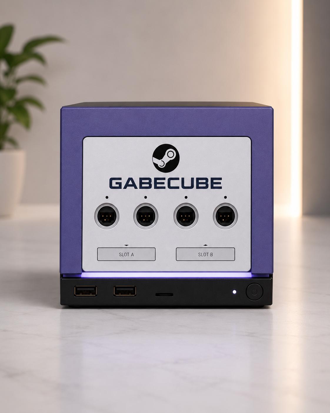 3D Printed GameCube Faceplate – Indigo Purple Steam Machine Controller Panel, studio shot of the GabeCube indigo purple faceplate installed on the console on a light marble surface with a blurred indoor background