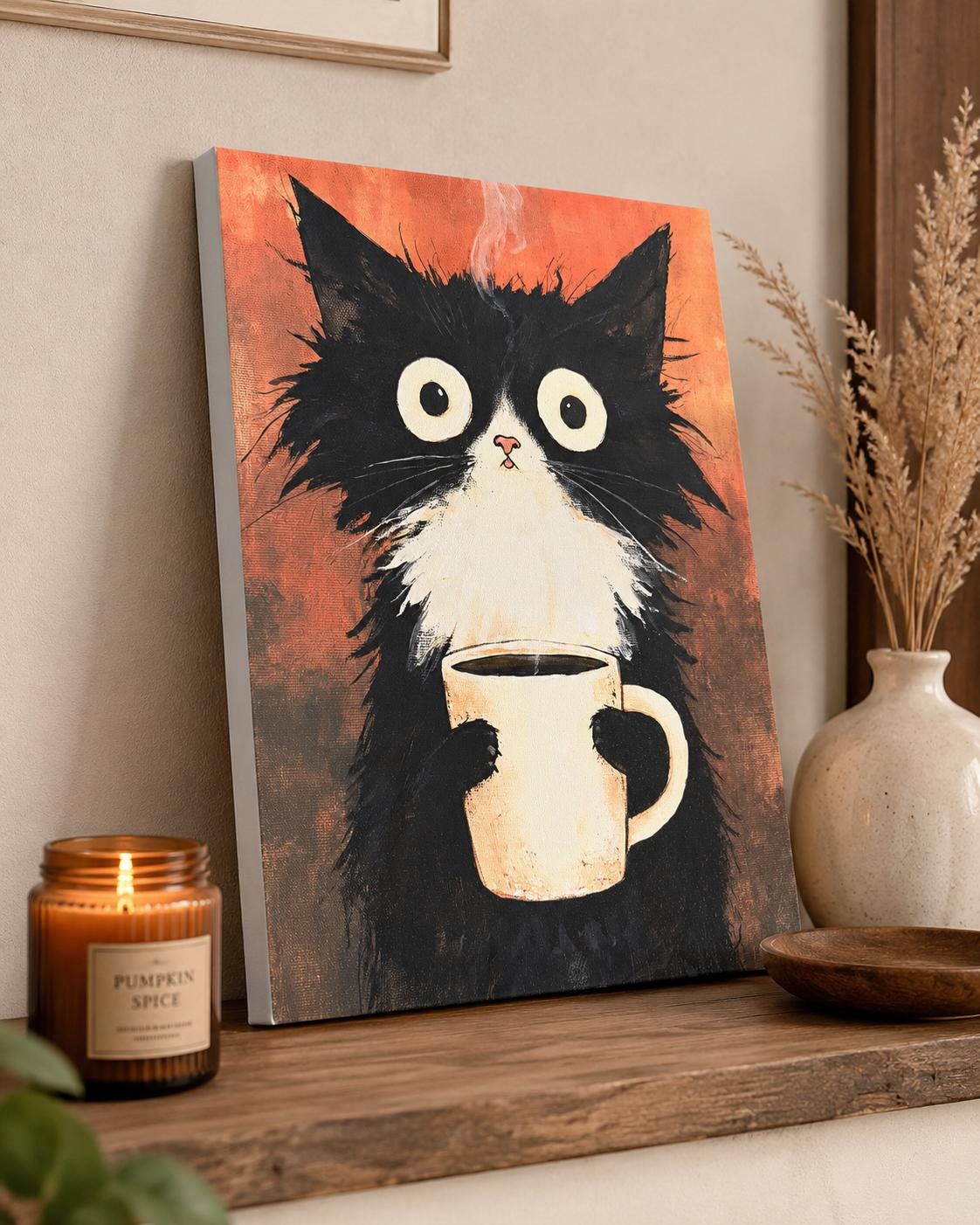 Funny Tuxedo Cat Coffee Canvas Art canvas on a wooden shelf beside a lit pumpkin spice candle and a ceramic vase with dried grass