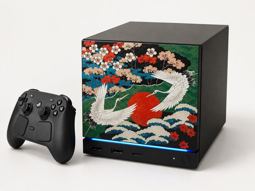 Japanese Crane Steam Machine Faceplate – UV Printed Front Panel | Red Sun & Cherry Blossom Art | Custom Mini PC Cover | Gamer Gift, studio photo of the crane faceplate installed on the console with a Steam controller beside it, on a plain light background
