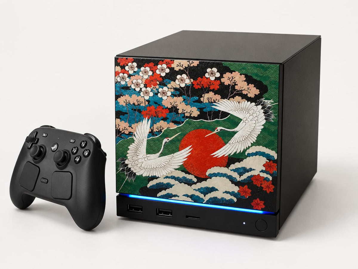 Japanese Crane Steam Machine Faceplate – UV Printed Front Panel | Red Sun & Cherry Blossom Art | Custom Mini PC Cover | Gamer Gift, studio photo of the crane faceplate installed on the console with a Steam controller beside it, on a plain light background