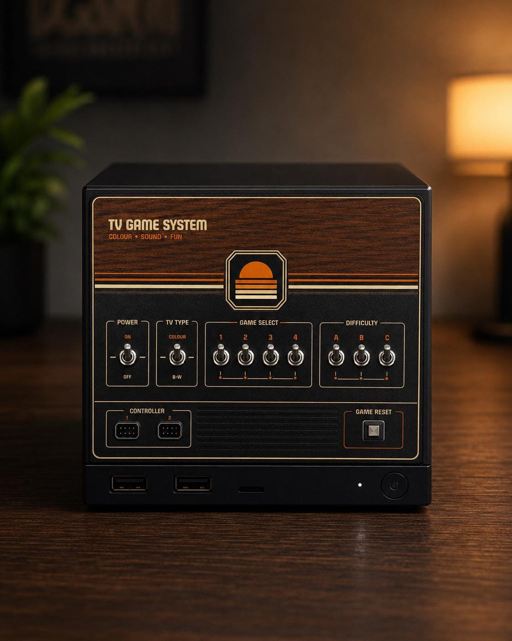 Retro Woodgrain Steam Machine Faceplate – 70s Atari Inspired Console Cover, straight-on view of the Steam Machine with the retro woodgrain faceplate installed, on a wooden table in a warmly lit indoor setting