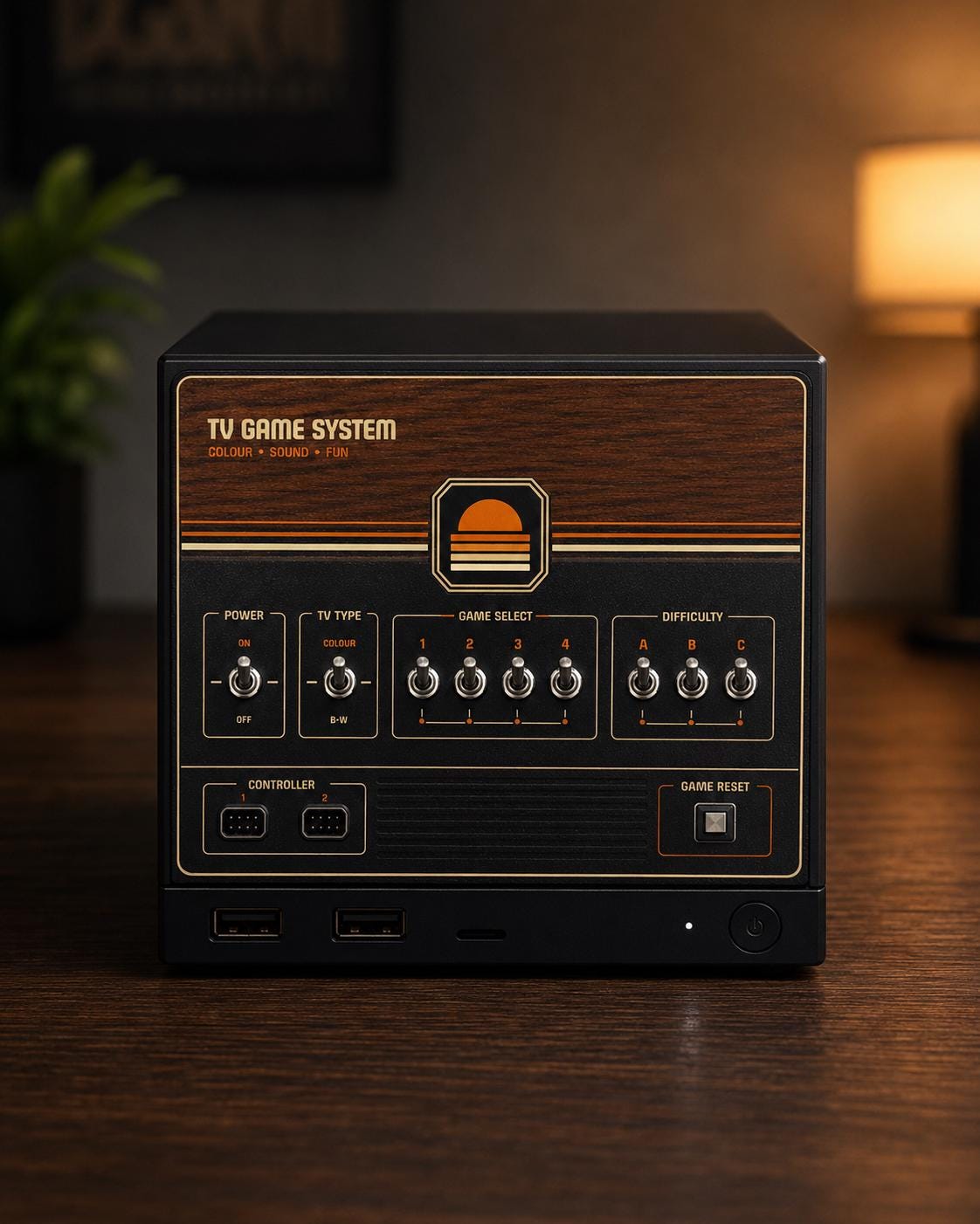 Retro Woodgrain Steam Machine Faceplate – 70s Atari Inspired Console Cover, straight-on view of the Steam Machine with the retro woodgrain faceplate installed, on a wooden table in a warmly lit indoor setting