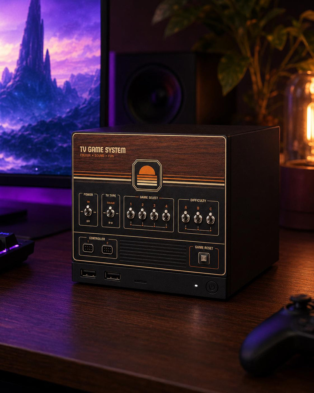 Retro Woodgrain Steam Machine Faceplate – 70s Atari Inspired Console Cover, moody close-up of the Steam Machine with the retro woodgrain faceplate installed on a wooden desk, with a glowing monitor, speaker and warm ambient lighting in the background