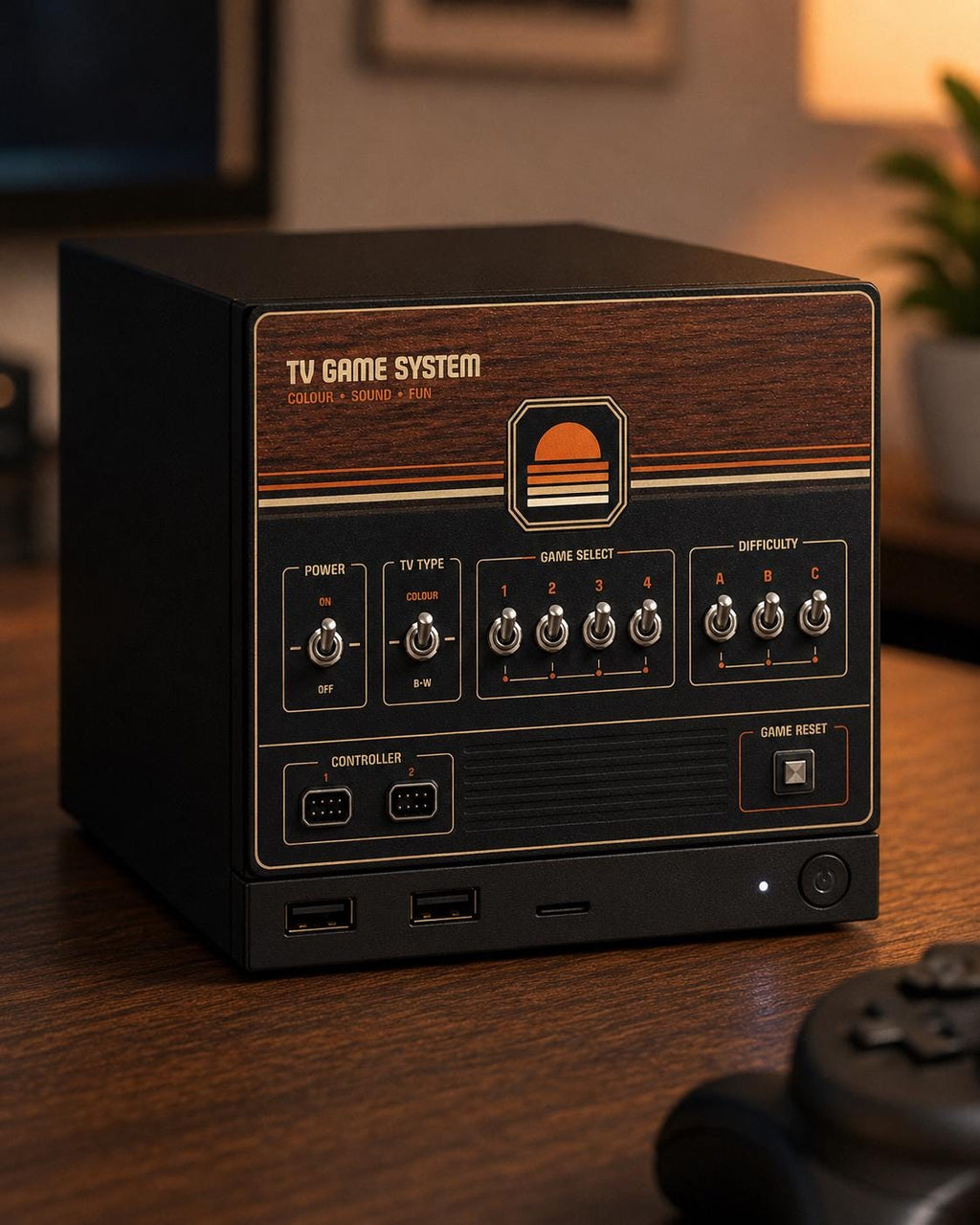 Retro Woodgrain Steam Machine Faceplate – 70s Atari Inspired Console Cover, three-quarter angle view of the Steam Machine with the retro woodgrain faceplate installed on a wooden table, with a game controller partially visible in the foreground