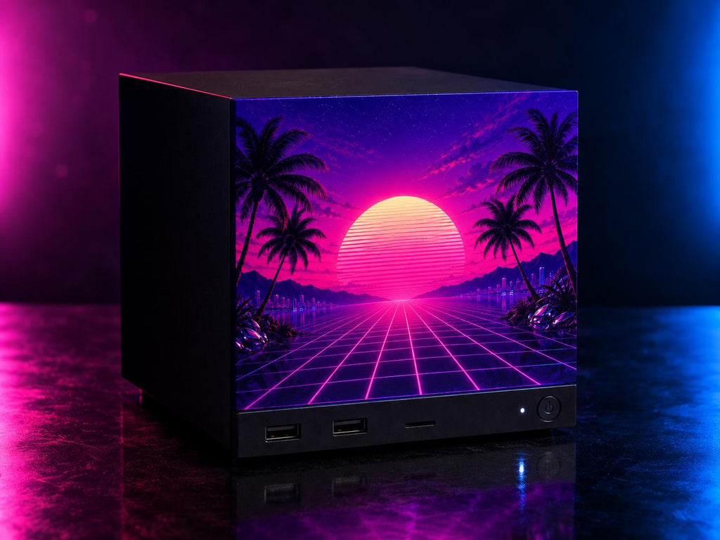 Synthwave Steam Machine Faceplate UV Printed Front Panel | Retro Neon Sunset Grid Art | Custom Mini PC Cover | Gamer Gift, studio product shot of the Steam Machine with the synthwave neon sunset faceplate on a reflective surface with pink and blue lighting