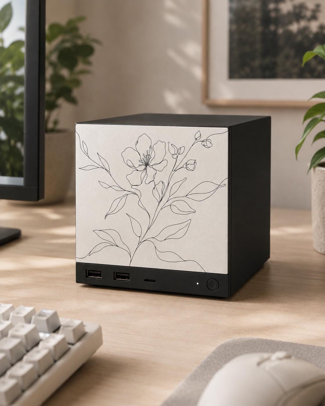 Botanical Line Art Steam Machine Faceplate | Minimalist Plant UV Print Skin with a delicate black line-drawn flower and leaves, close-up of the console on a light wood desk with green plants behind