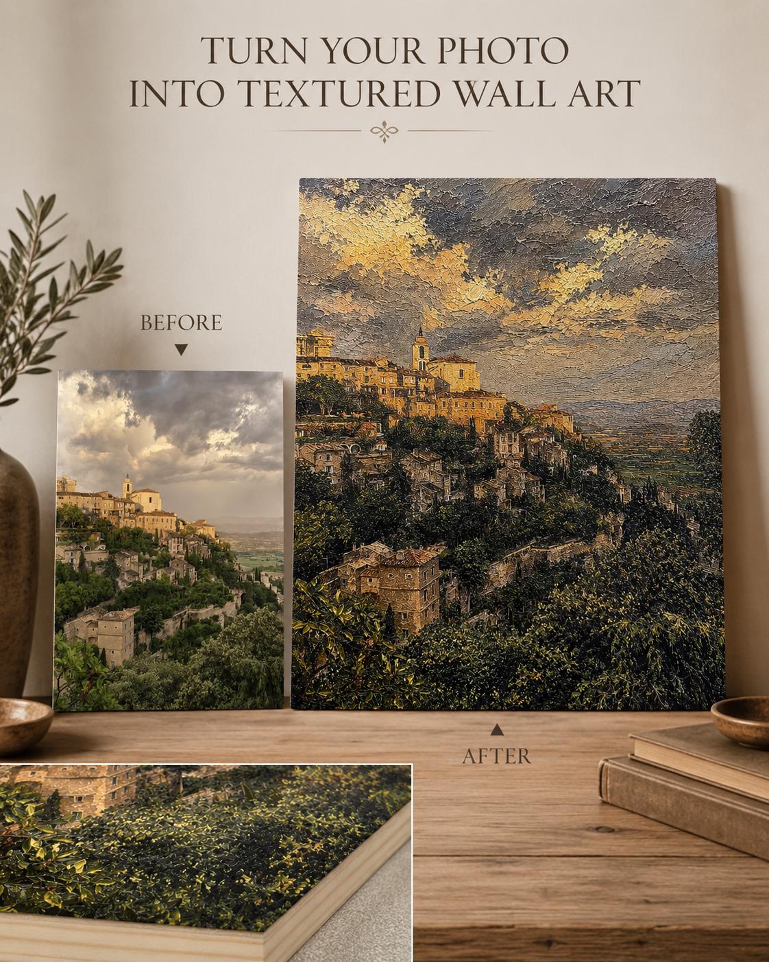 Tuscany Hill Town Textured Painting Print mockup showing before-and-after of a landscape photo turned into textured wall art, displayed on a wooden surface with decorative books and a vase