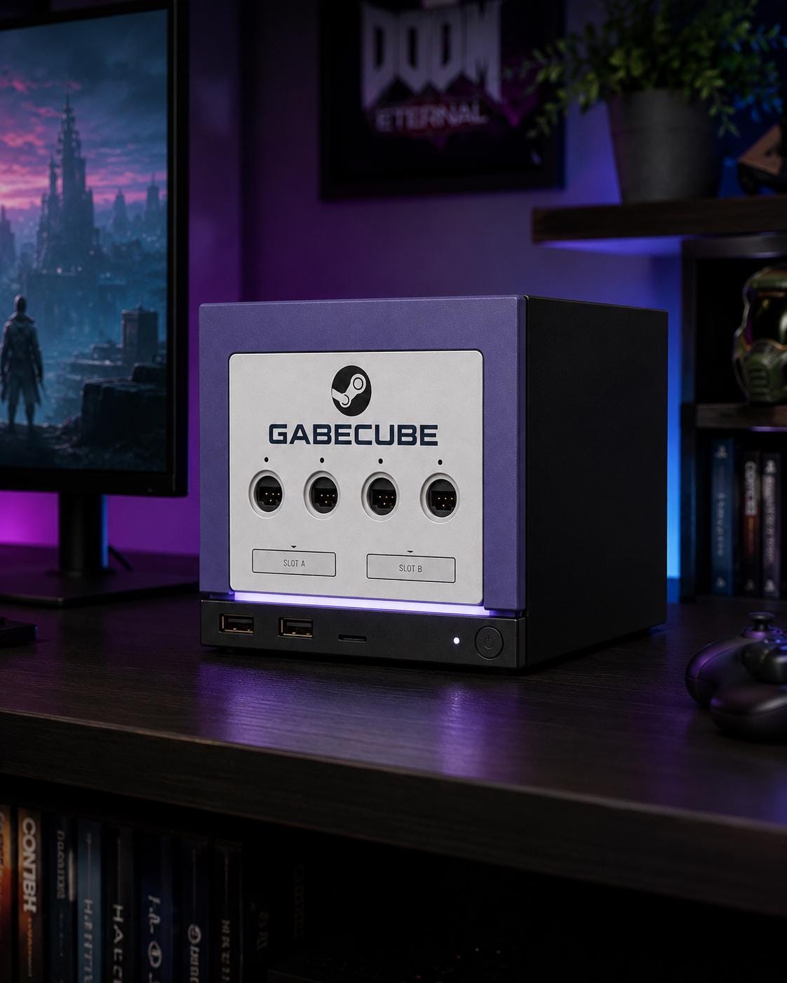3D Printed GameCube Faceplate – Indigo Purple Steam Machine Controller Panel, GabeCube GameCube-style faceplate with the Steam logo, four controller ports and memory card slot labels, shown installed on the console on a dark wooden desk in a gaming setup