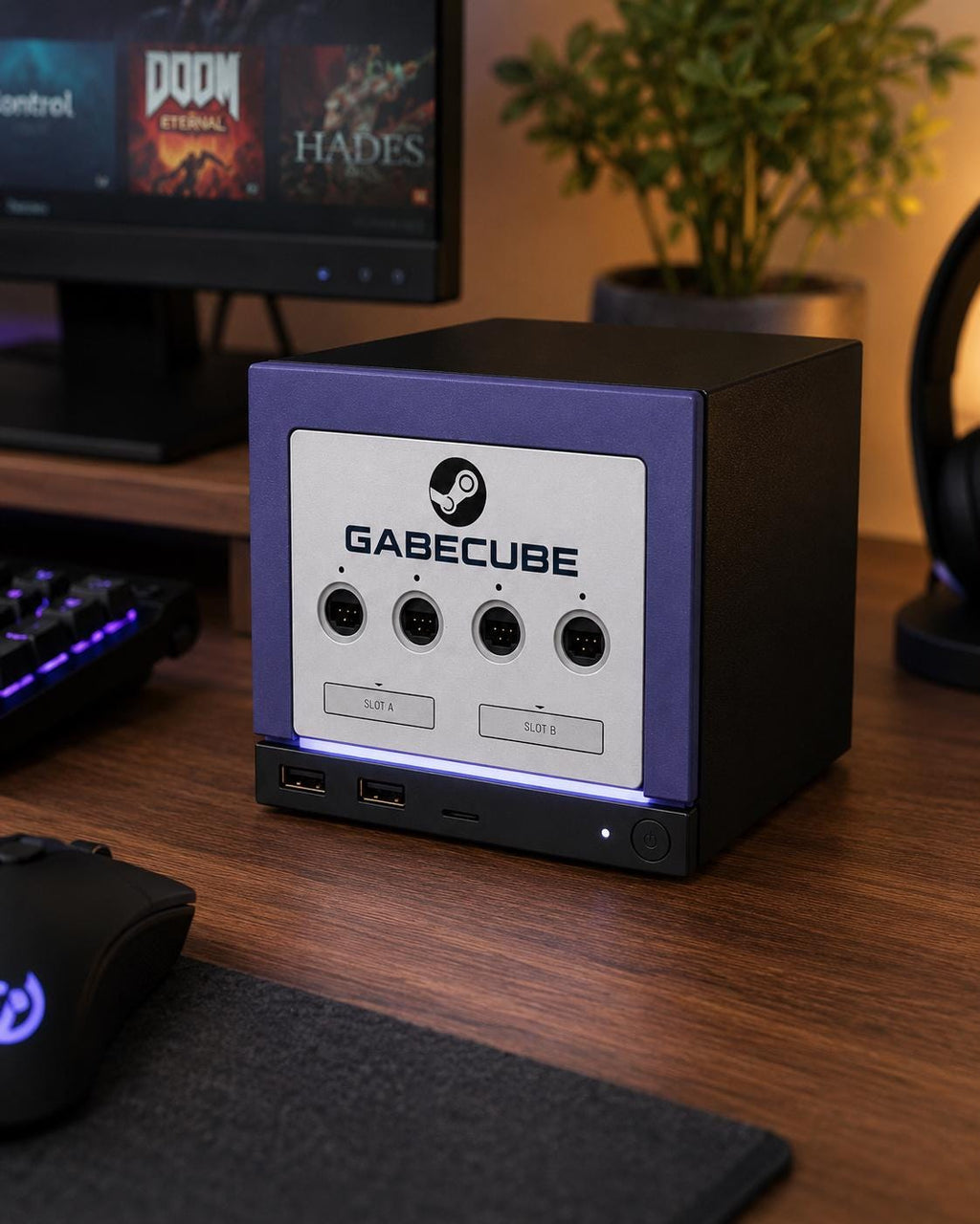 3D Printed GameCube Faceplate – Indigo Purple Steam Machine Controller Panel, GabeCube indigo purple faceplate installed on the console on a wooden desk in a home office setup, with a monitor, keyboard, mouse and plant nearby