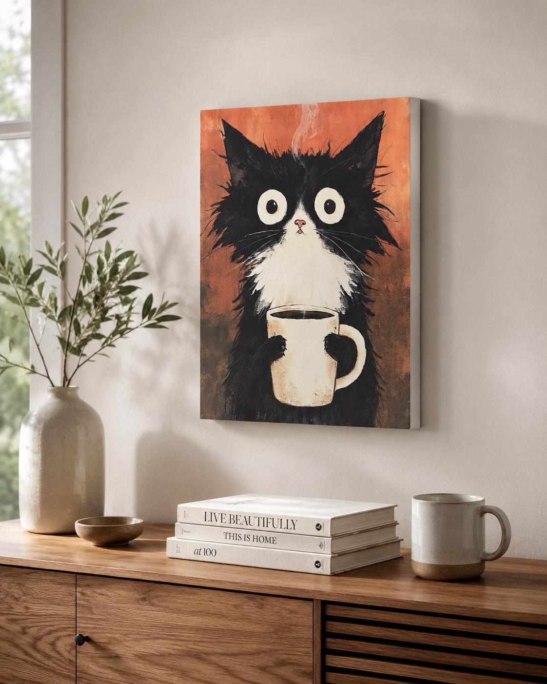 Funny Tuxedo Cat Coffee Canvas Art print of a wide-eyed tuxedo cat holding a coffee mug, hanging on a wall above a wooden console table styled with stacked books, a ceramic vase and a coffee mug