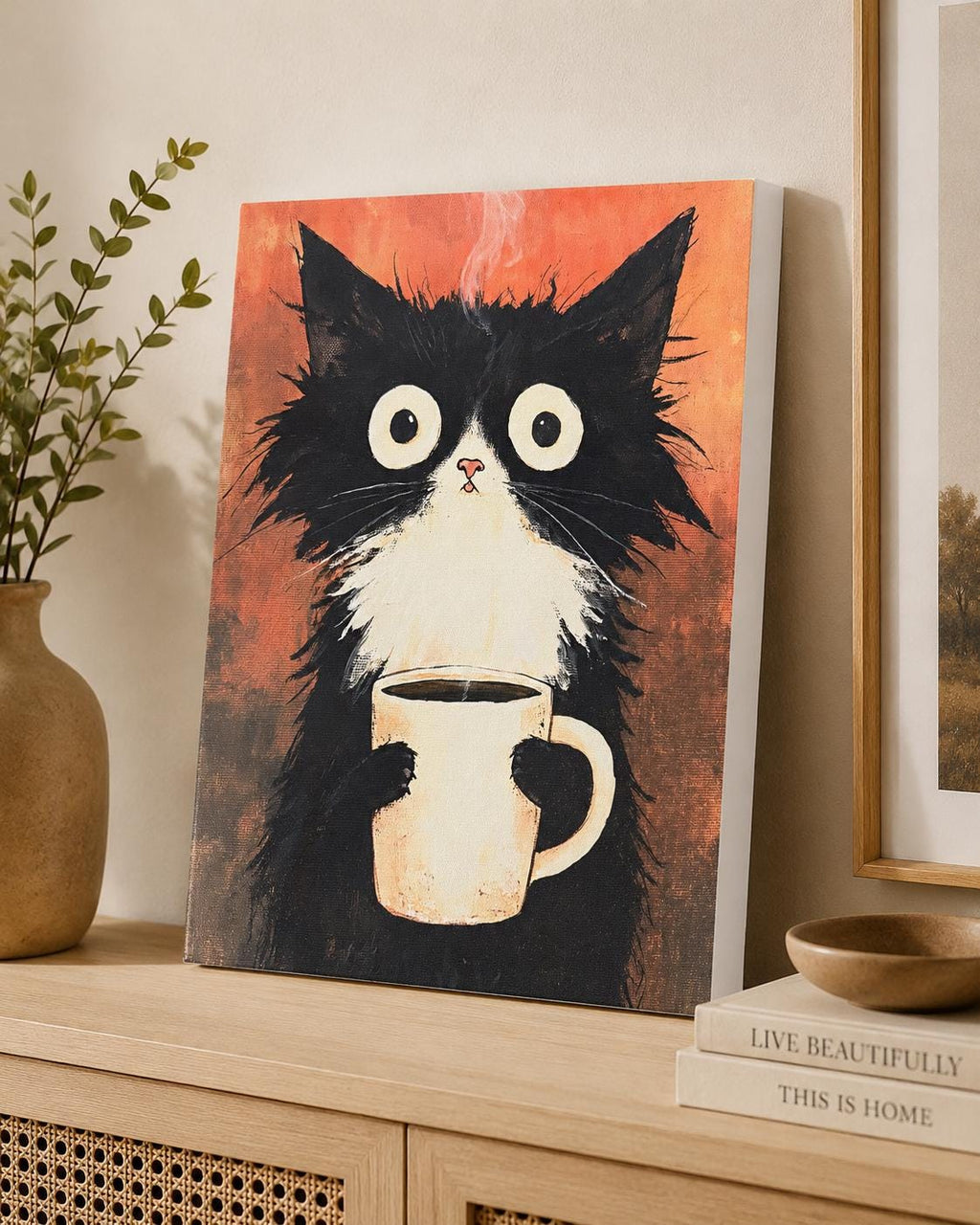 Funny Tuxedo Cat Coffee Canvas Art canvas leaning on a light wood console table beside a potted plant and stacked decorative books