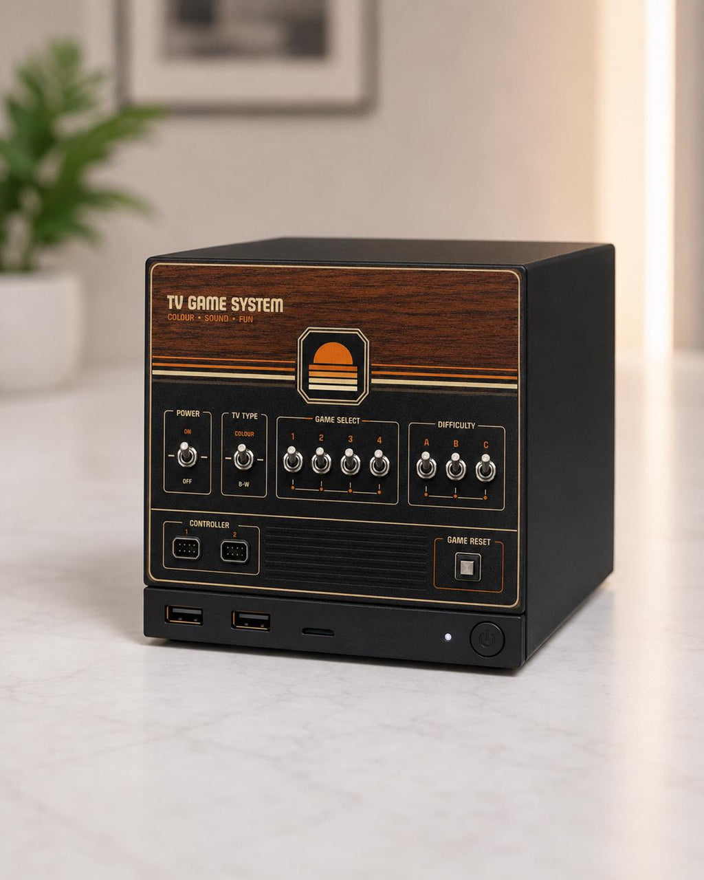 Retro Woodgrain Steam Machine Faceplate – 70s Atari Inspired Console Cover, angle view of the Steam Machine with the retro woodgrain faceplate installed, styled like a vintage TV game system with toggle switches, game select dials and controller ports, on a light marble surface
