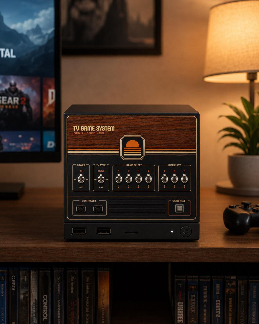 Retro Woodgrain Steam Machine Faceplate – 70s Atari Inspired Console Cover, straight-on front view of the Steam Machine with the retro woodgrain faceplate installed on a wooden shelf, with a lit lamp, a plant and game cases in the background