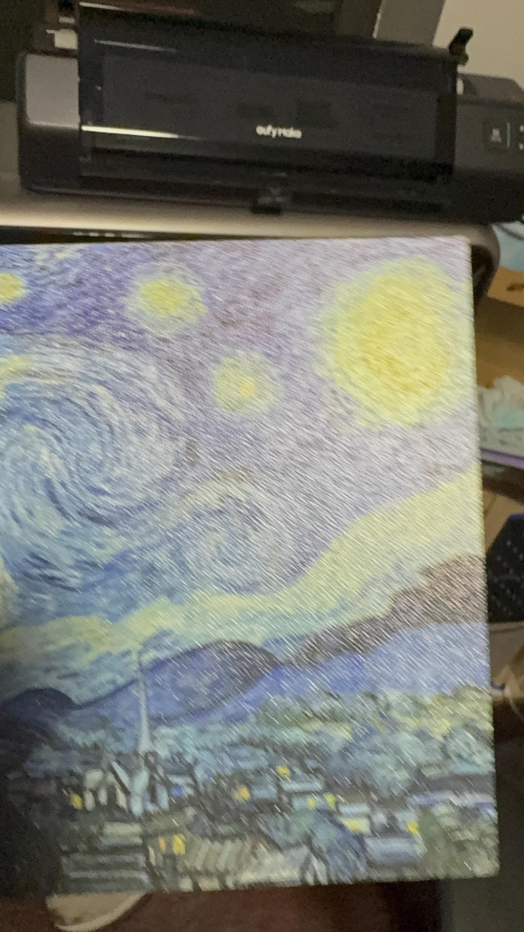 Starry Night Steam Machine Faceplate: Van Gogh Art UV Printed Magnetic Panel, uninstalled Starry Night faceplate panel leaning against a black printer on a desk