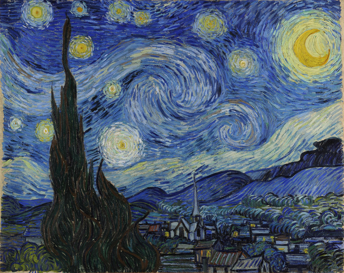 Starry Night Steam Machine Faceplate: Van Gogh Art UV Printed Magnetic Panel, full view of the Starry Night artwork with swirling night sky, crescent moon and village below